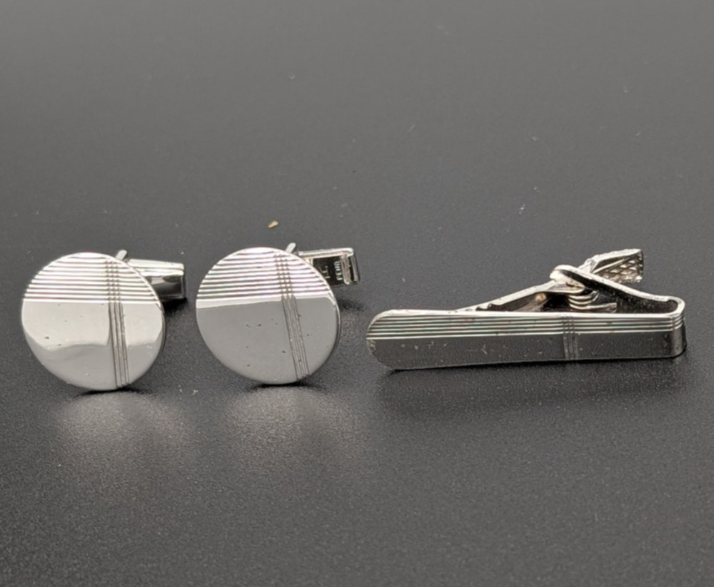 Vintage Sterling Silver Cufflinks and Tie Clip Set by Raimond - need cleaning